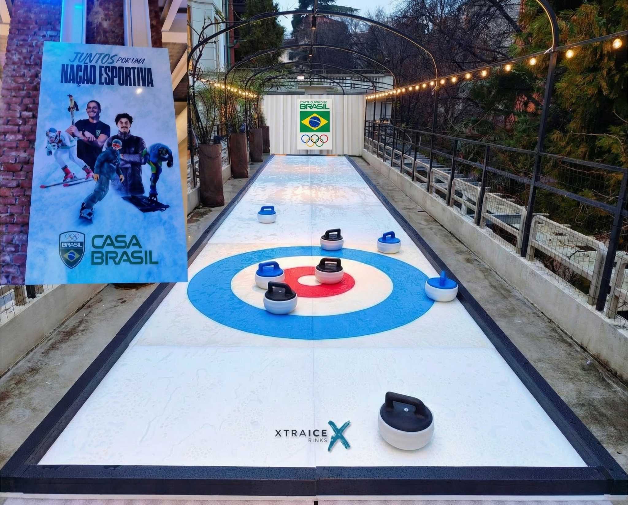 Pista di curling sintetico Xtraice installata presso Casa Brasile durante Milano Cortina 2026
